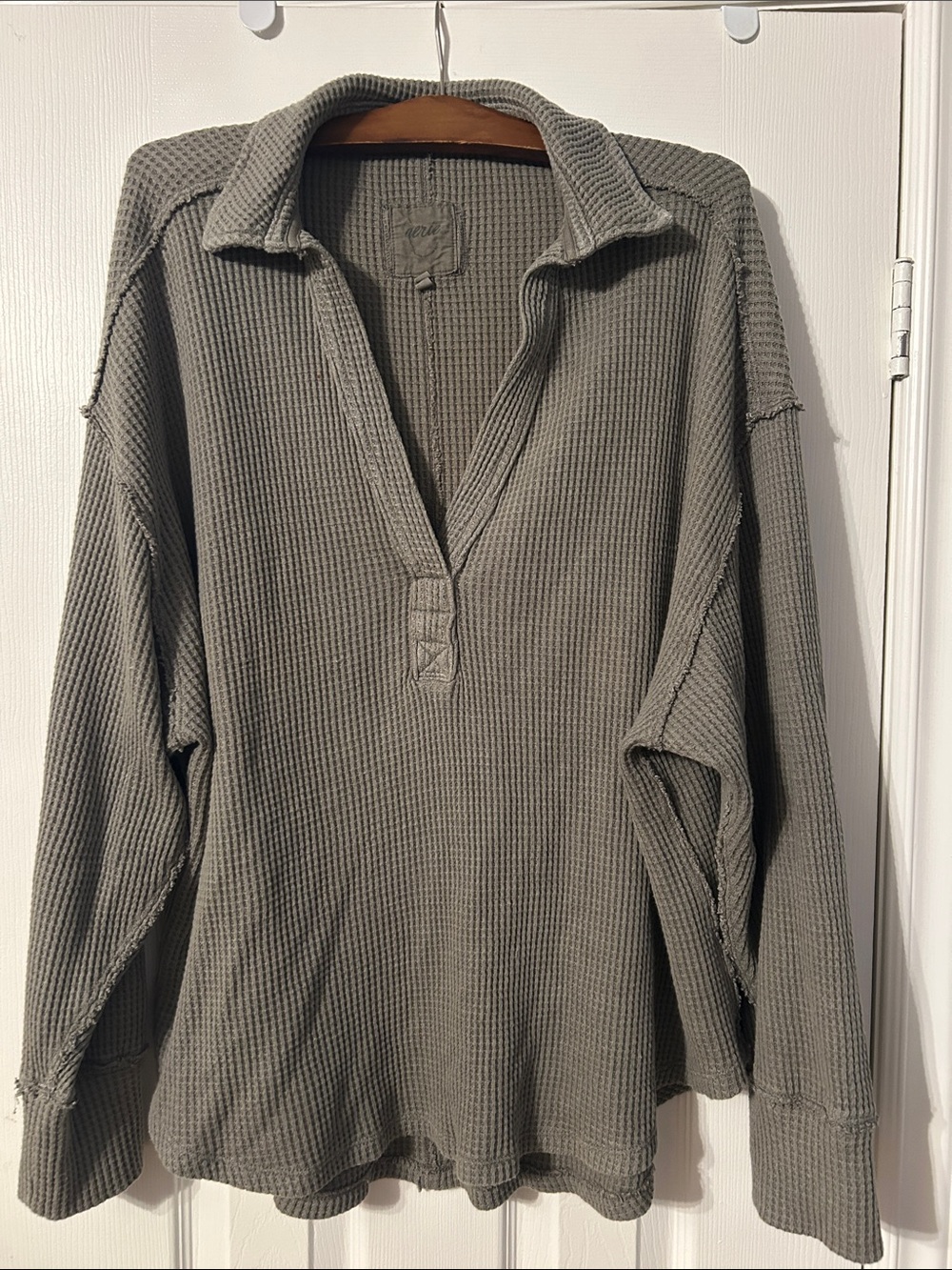 aerie Olive Gray Waffle-Knit Pullover with Notch Collar